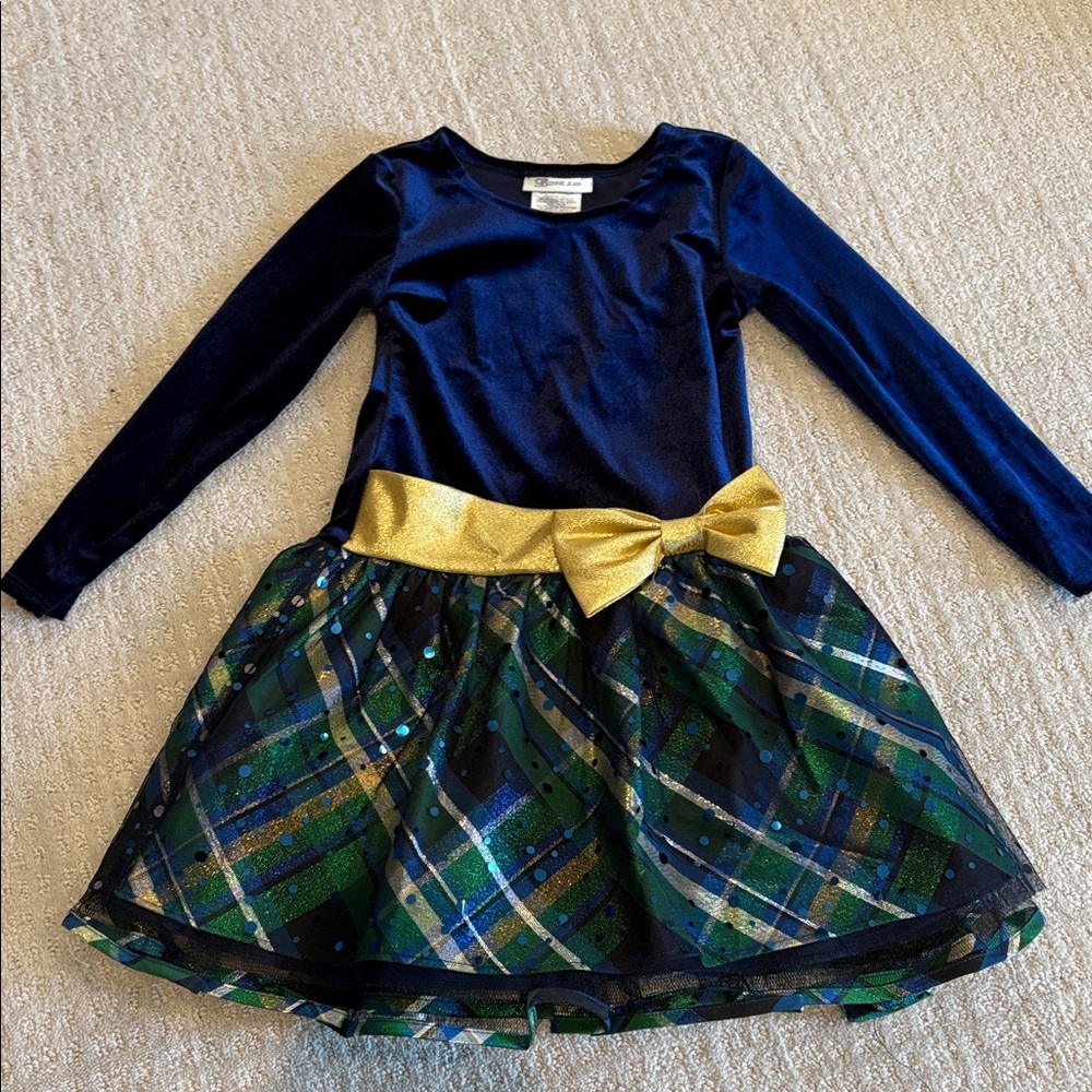 Bonnie Jean Blue and Green Plaid Dress with Gold Bow